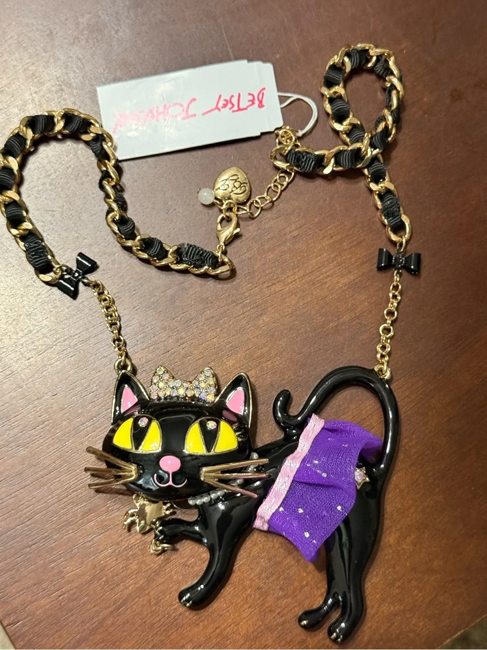 Betsey Johnson Black Cat Necklace with Purple Skirt & Yellow Eyes